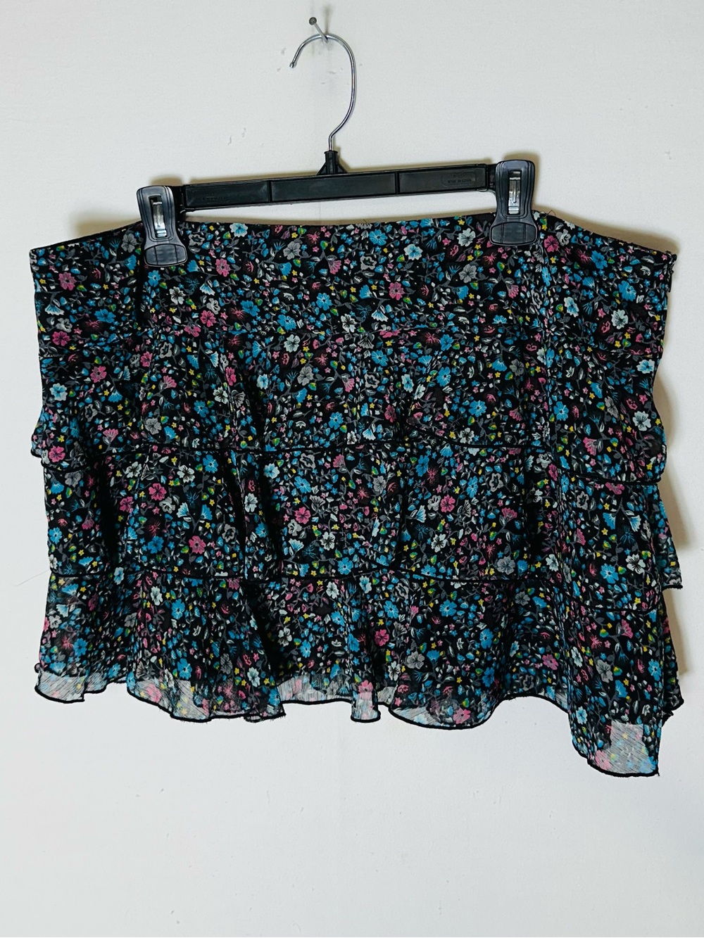 Majora Black Blue Pink Floral Tiered Mini Skirt XL Y2K Coquette Cottagecore